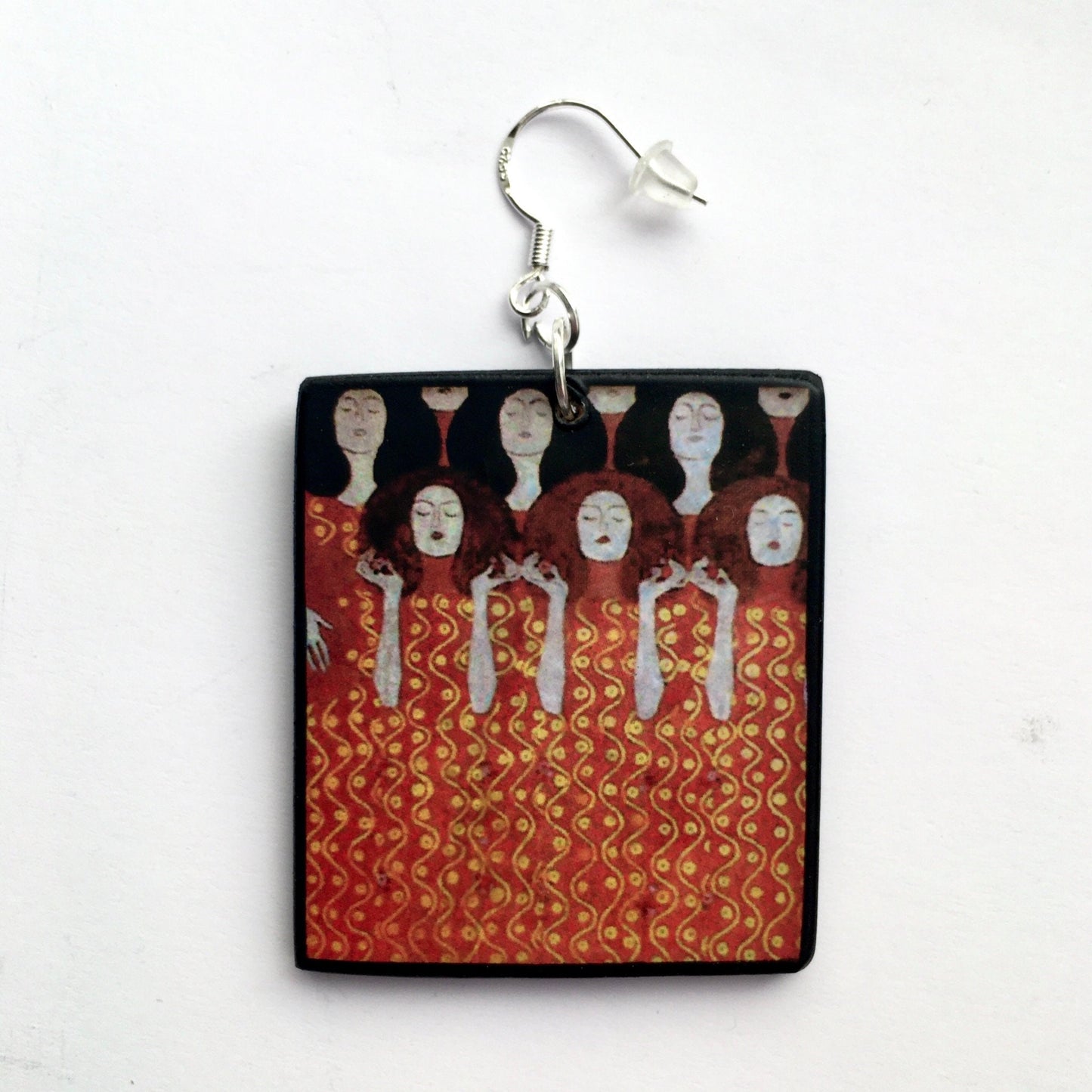 Aesthetic handmade earrings on wood inspired by painting "Beethoven Frieze" which was based on Wagner's interpretation of Beethoven's Ninth Symphony. Obljewellery artsy gift shop. The sustainable wood and sterling silver hook earrings are an alternative art gift for woman.