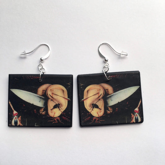 Hieronymus Bosch, gothic style earrings, rectangular on sustainable wood. Ears with knife detail of oil painting. Handmade by Obljewellery artsy, aesthetic gift.