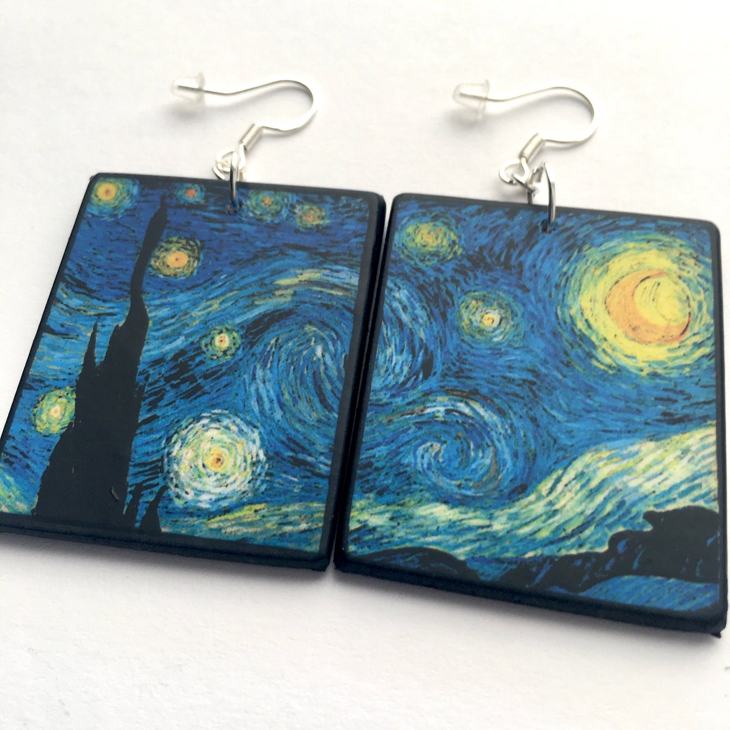 Vincent van Gogh, Starry Night, sustainable fashion, wood and sterling silver, art earrings,
