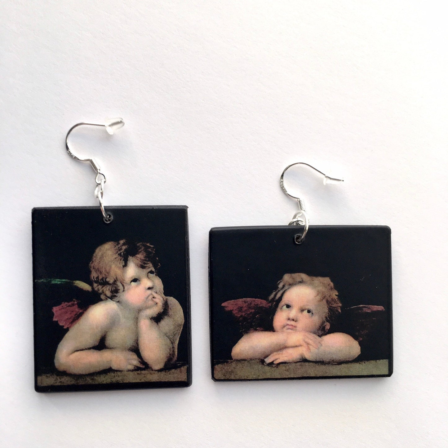Raphael’s angels, cherubim, aesthetic, wood and sterling silver, asymmetric, art earrings. Christmas mom gift.
