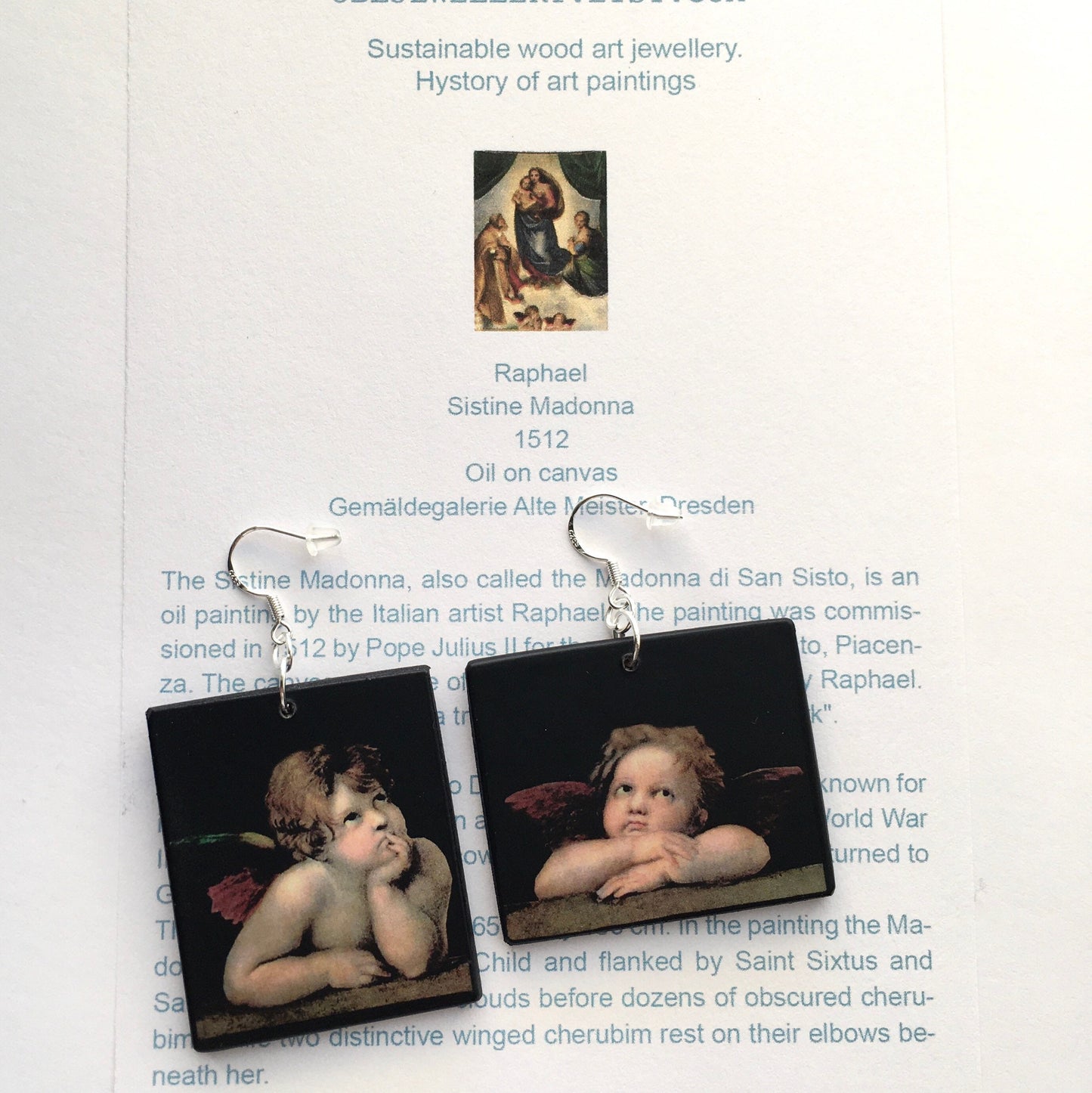 Raphael’s angels, cherubim, aesthetic, wood and sterling silver, asymmetric, art earrings. Christmas mom gift.
