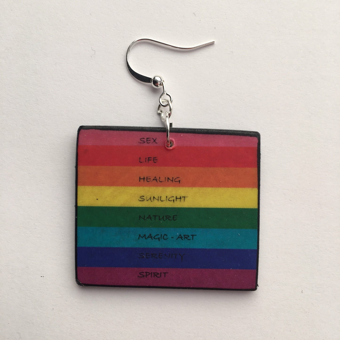 LGBT flag art wooden and plated silver hooks earrings handmade by Obljewellery, aesthetic, artsy gift. Statement, coloured earrings, one with eight-stripe version designed by Gilbert Baker