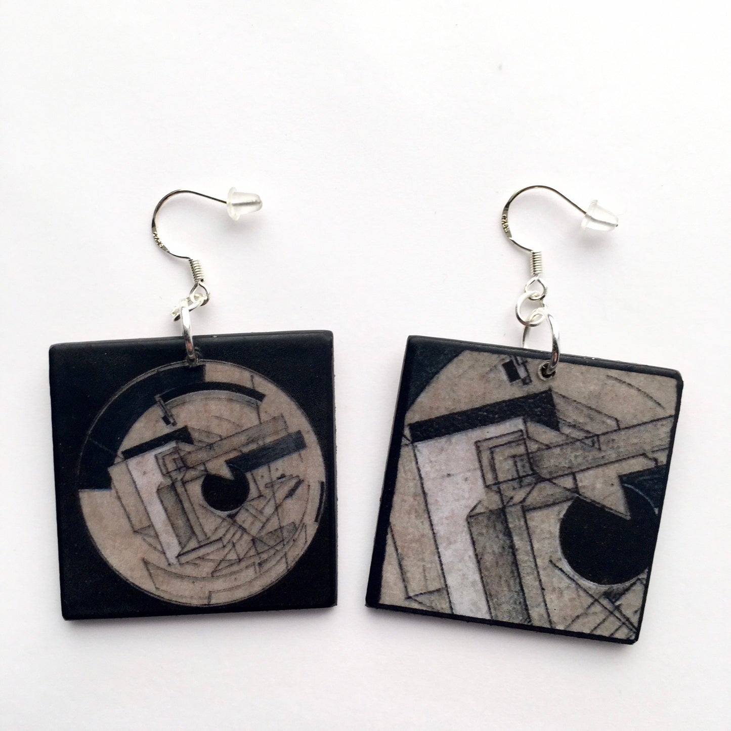 El Lissitzky, geometric, abstract art earrings in sustainable wood and sterling silver 925. Architectonic art gift for her.