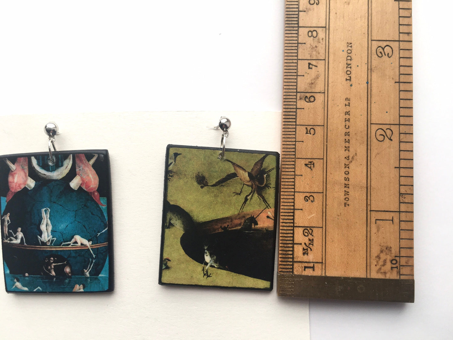 Hieronymus Bosch, art details, stud earrings on sustainable wood. Mismatched earrings blue and green with fantasy scene with animals. Sustainable gift for her.