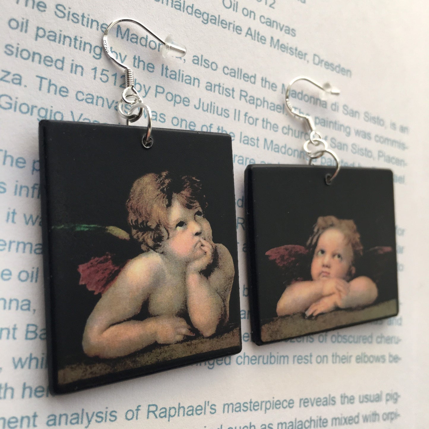 Raphael’s angels, cherubim, aesthetic, wood and sterling silver, asymmetric, art earrings. Christmas mom gift.