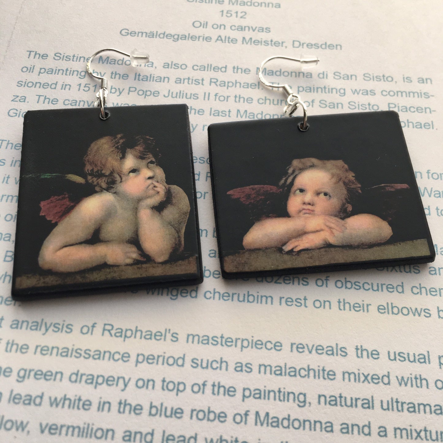 Raphael’s angels, cherubim, aesthetic, wood and sterling silver, asymmetric, art earrings. Christmas mom gift.
