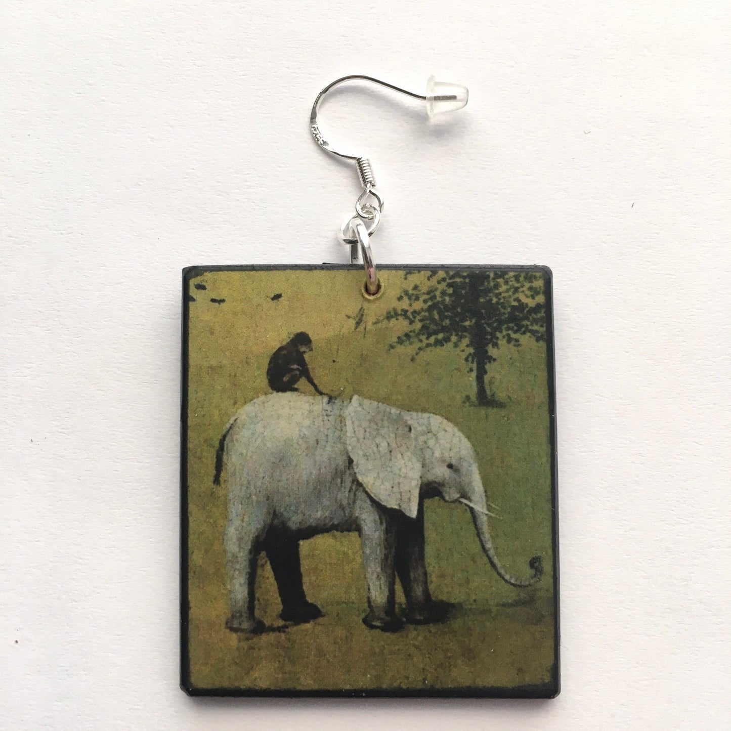 Earrings inspired by Hieronymus Bosch elephant art details from his famous triptych painting “The Garden of Earthly Delights” on sustainable wood and sterling silver hypoallergenic hooks.