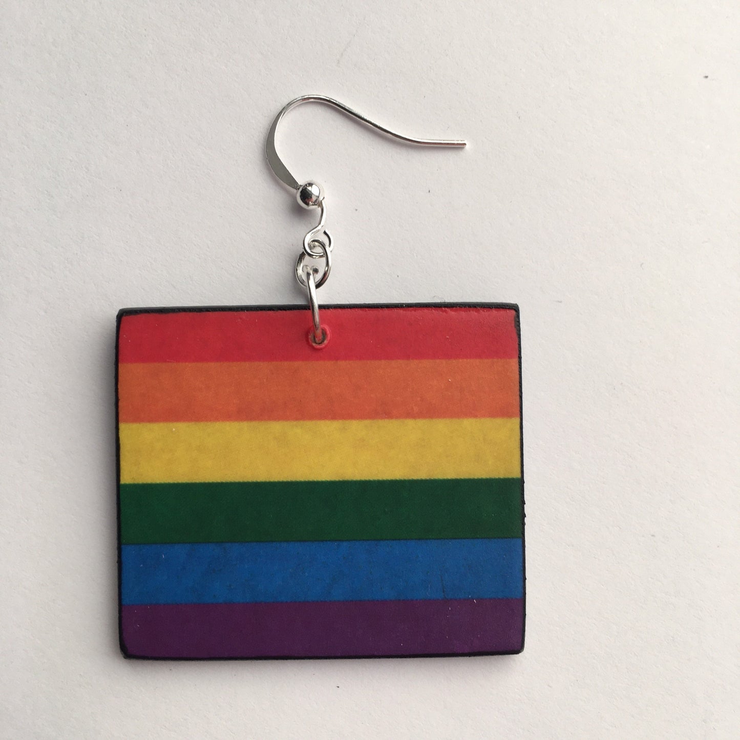 LGBT flag art wooden and plated silver hooks earrings handmade by Obljewellery, aesthetic, artsy gift. Statement, coloured earrings, one with eight-stripe version designed by Gilbert Baker
