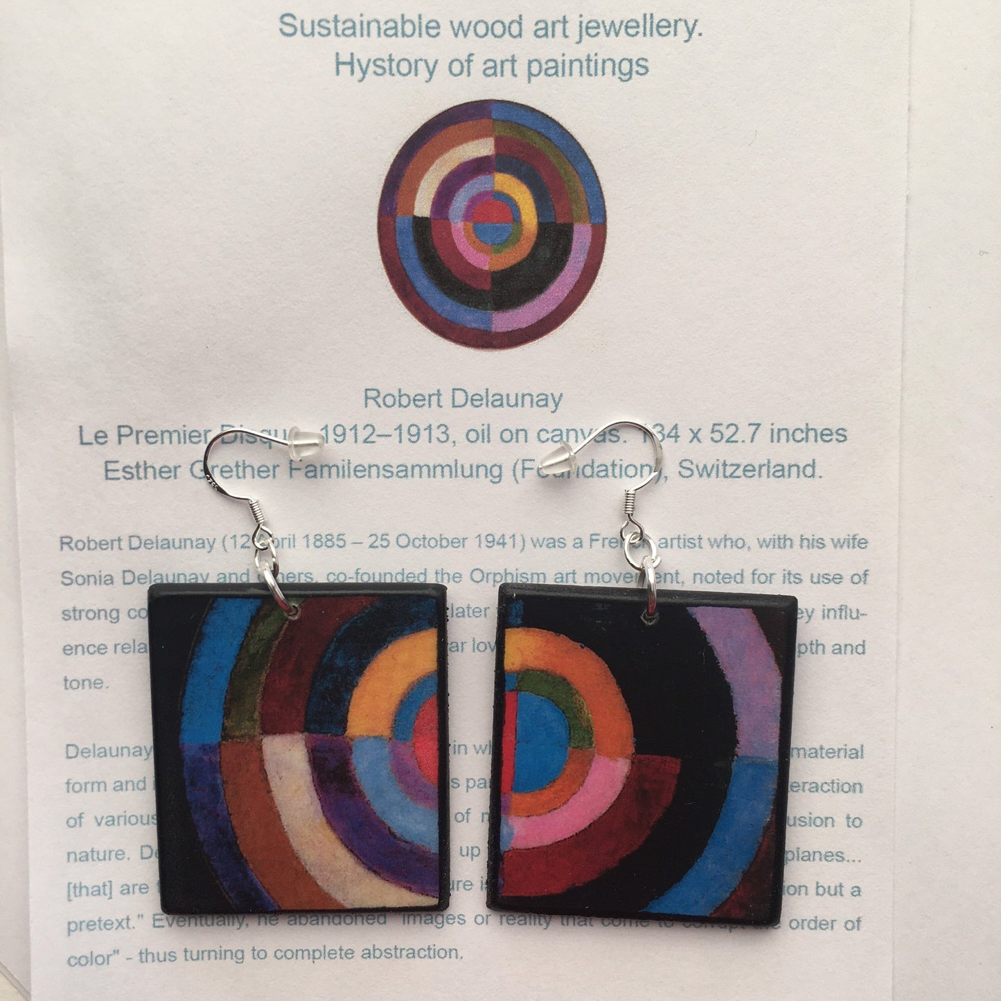 Robert Delaunay, artsy earrings handmade by Obljewellery. First Disc 1912 art painting. Sustainable wood art jewellery. History of art paintings.