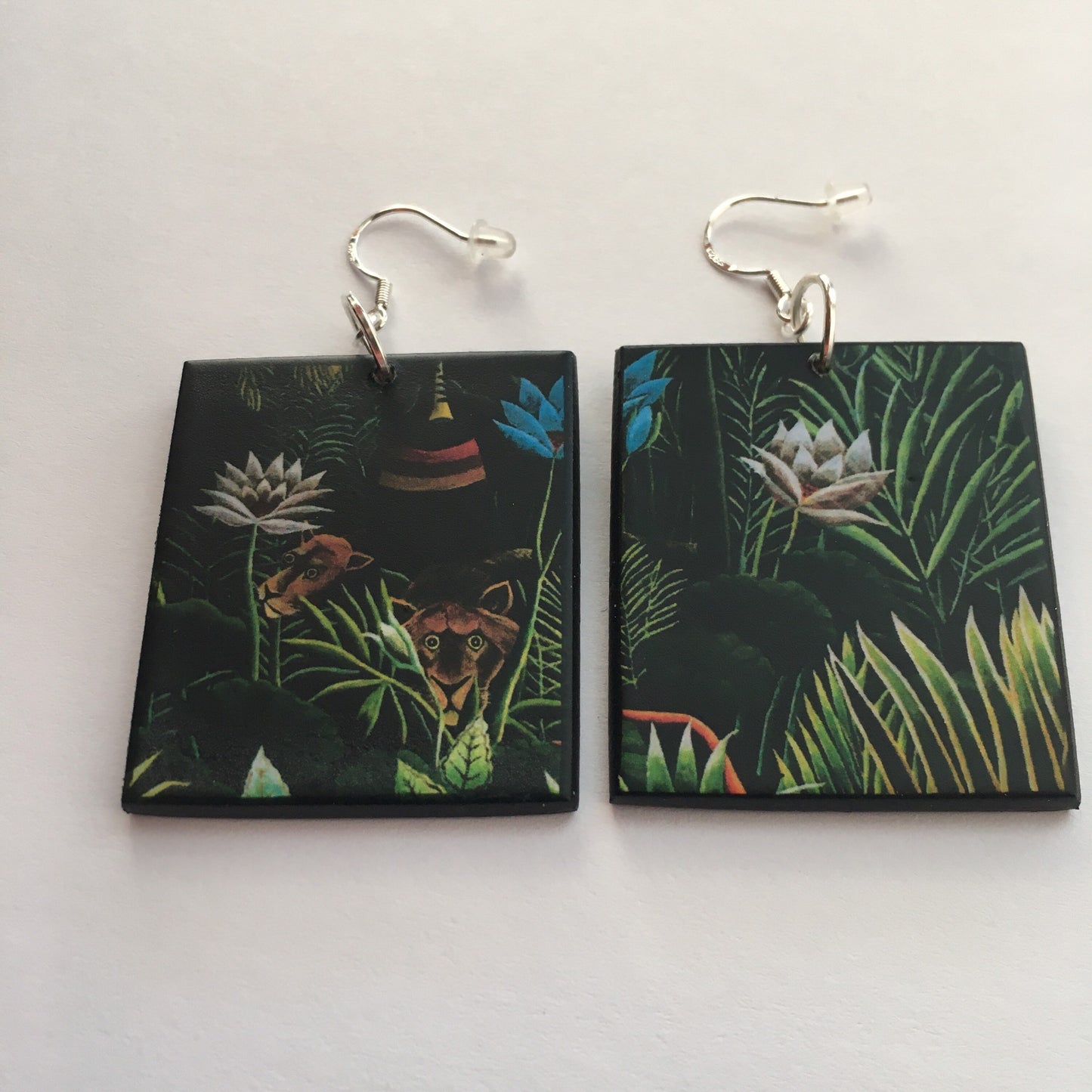 The Dream, Henry Rousseau fantasy forest art, wood, silver hooks earrings. Friend gift.