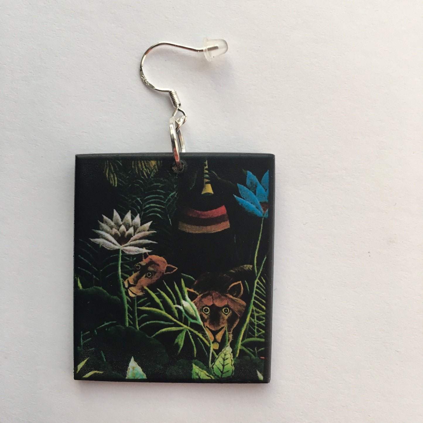 The Dream, Henry Rousseau fantasy forest art, wood, silver hooks earrings. Friend gift.