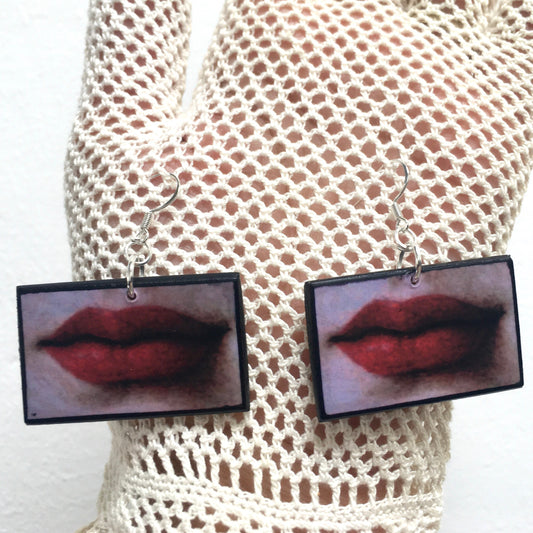 Lip art earrings. Quirky jewelry  with a detail from Renaissance oil painting by Agnolo Bronzino.  Sustainable, statement earrings on wood and 925 sterling silver hooks.