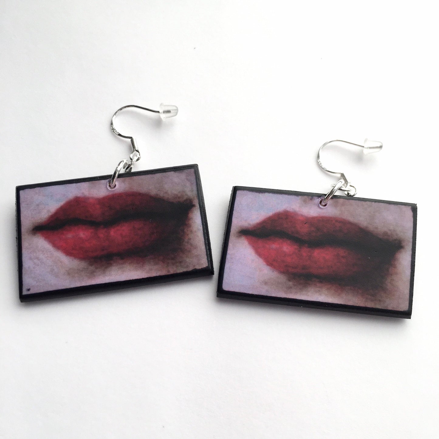 Lip art earrings. Quirky jewelry with a detail from Renaissance oil painting by Agnolo Bronzino. Sustainable, statement earrings on wood and 925 sterling silver hooks.