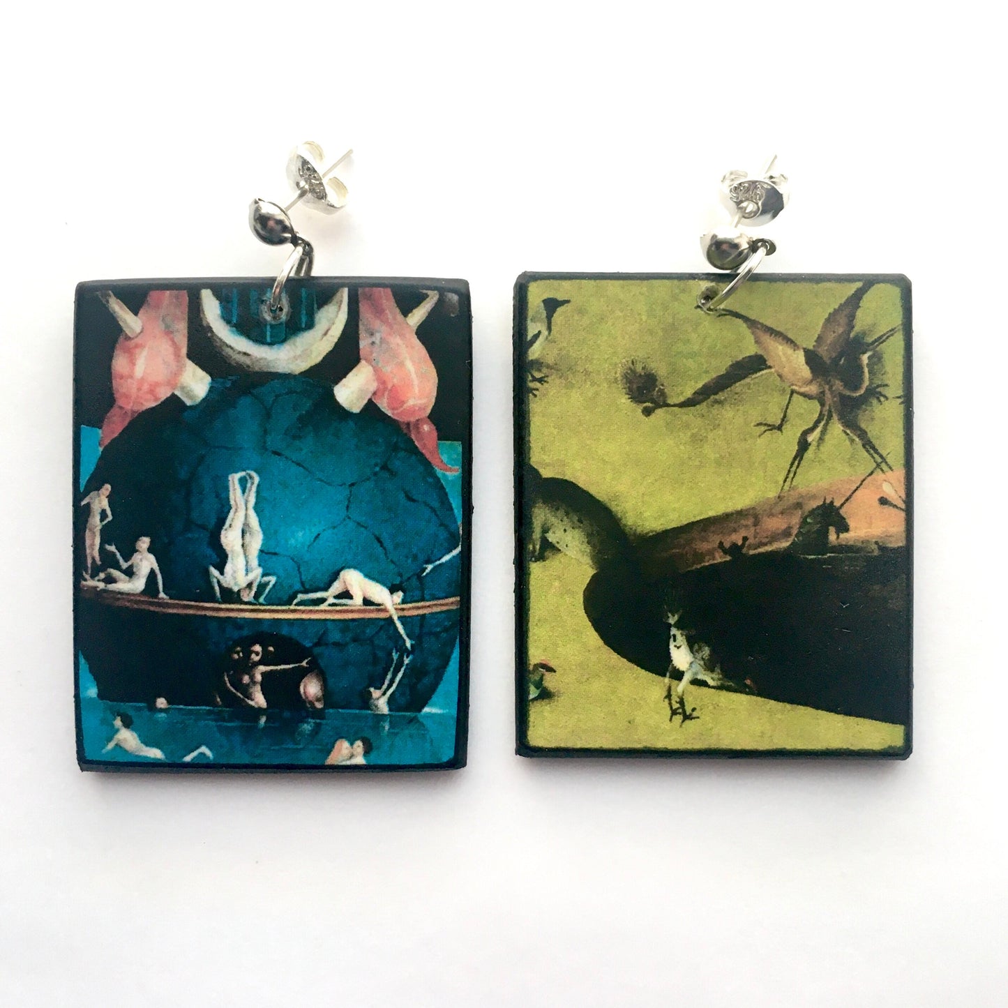 Hieronymus Bosch, art details, stud earrings on sustainable wood. Mismatched earrings blue and green with fantasy scene with animals. Sustainable gift for her.