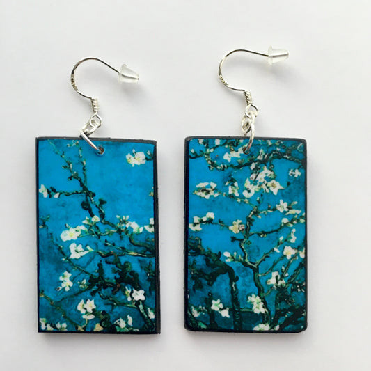 Vincent Van Gogh, floral art earrings. Sustainable wood and 925 sterling silver earrings. Alternative engagement earrings gift.