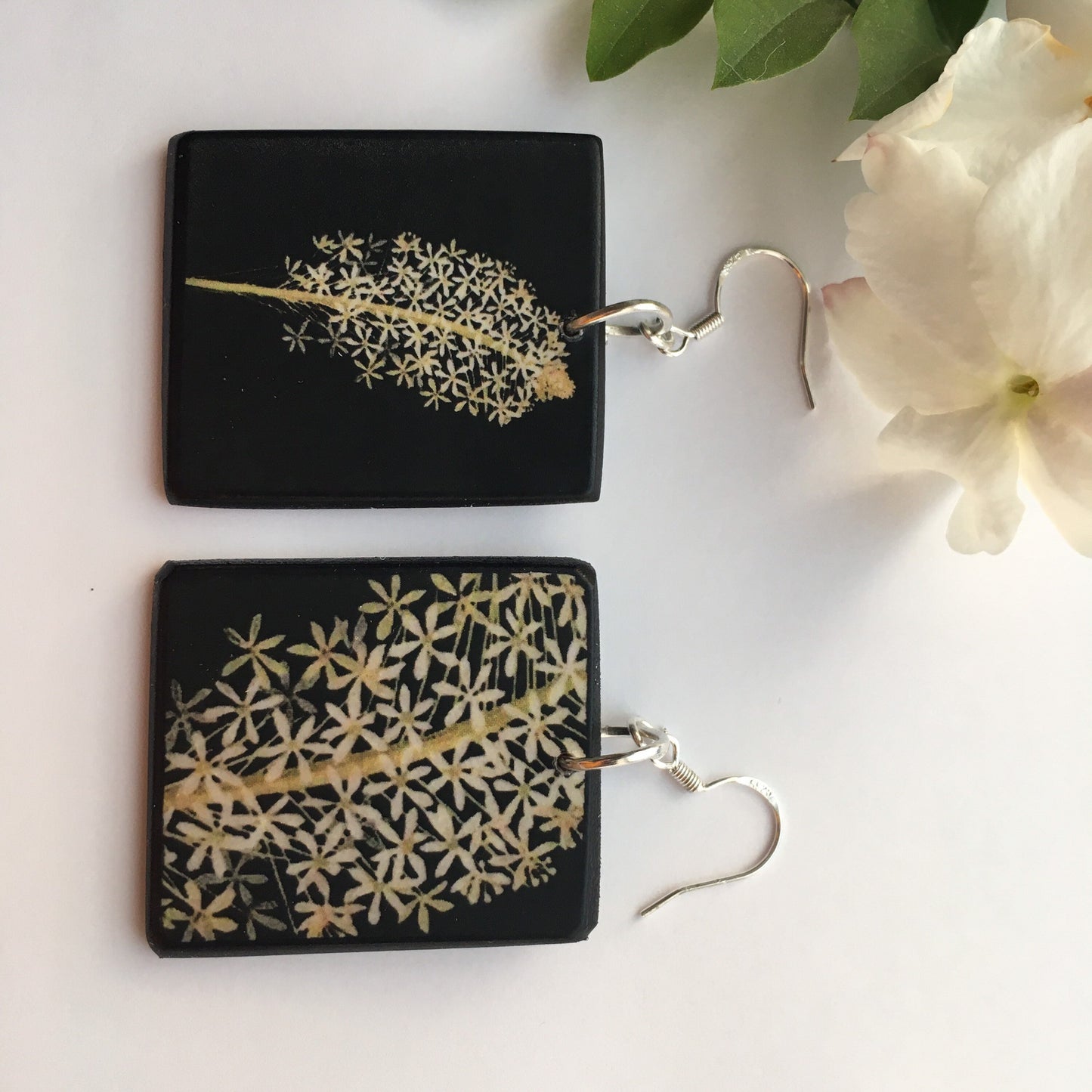 Mary Delany, art earrings on wood and sterling silver hooks. Alternative,white floral, bride earrings, bridesmaid gift.
