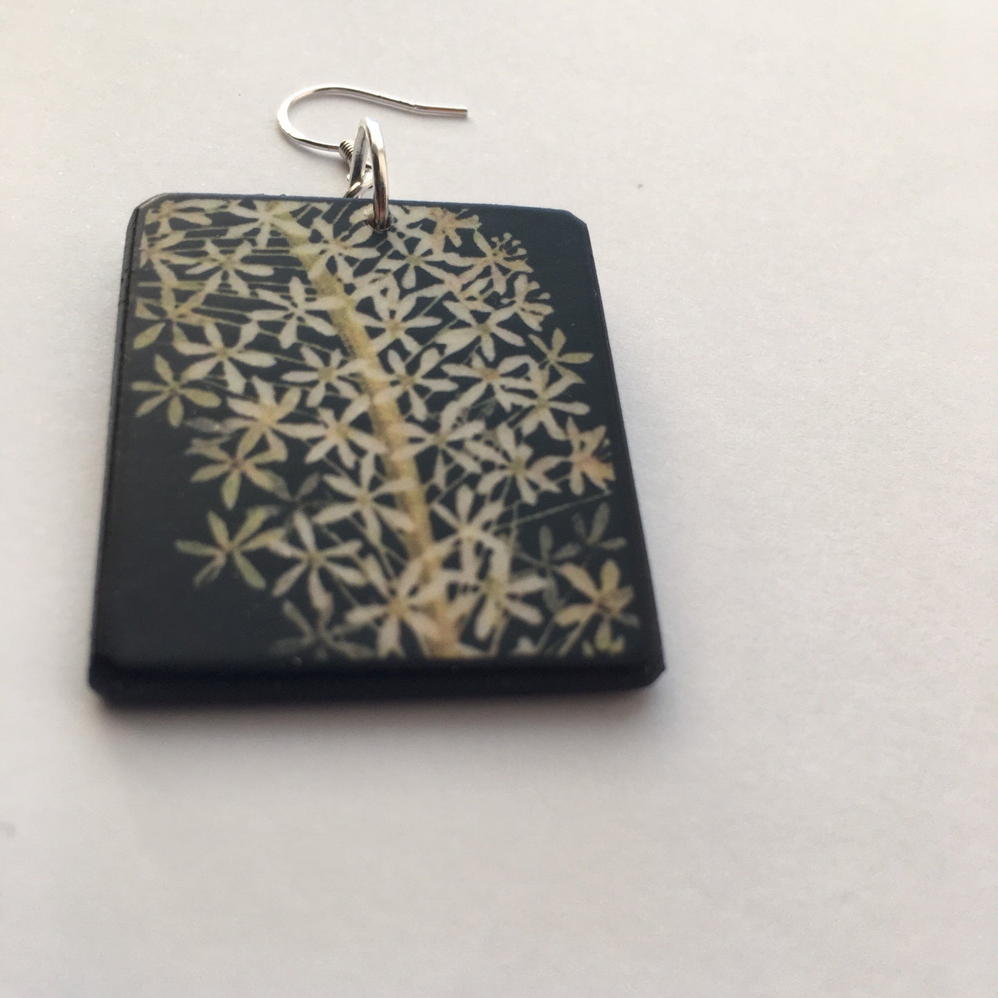 Mary Delany, art earrings on wood and sterling silver hooks. Alternative,white floral, bride earrings, bridesmaid gift.