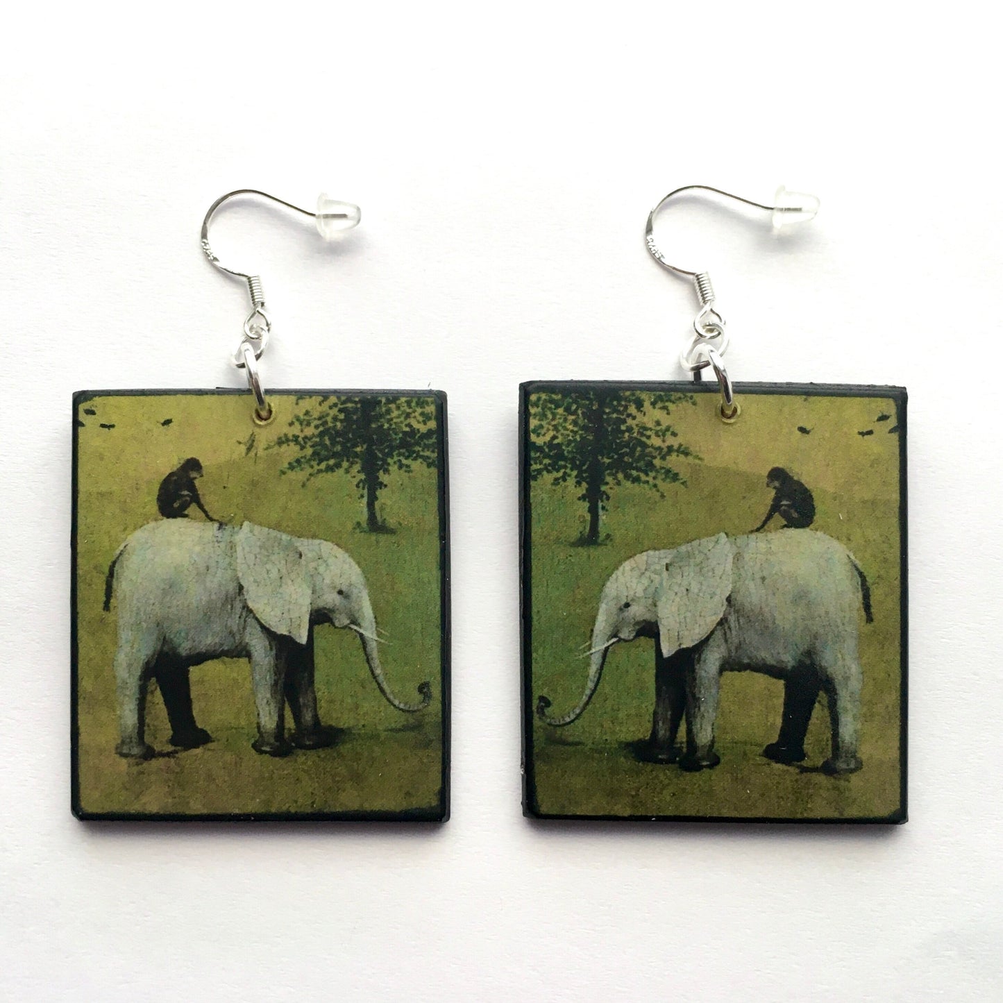 Earrings inspired by Hieronymus Bosch elephant art details from his famous triptych painting “The Garden of Earthly Delights” on sustainable wood and sterling silver hypoallergenic hooks.