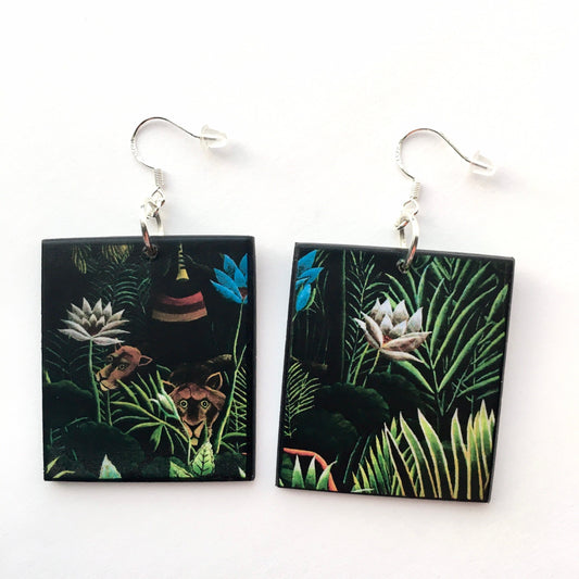 The Dream, Henry Rousseau fantasy forest art, wood, silver hooks earrings. Friend gift.