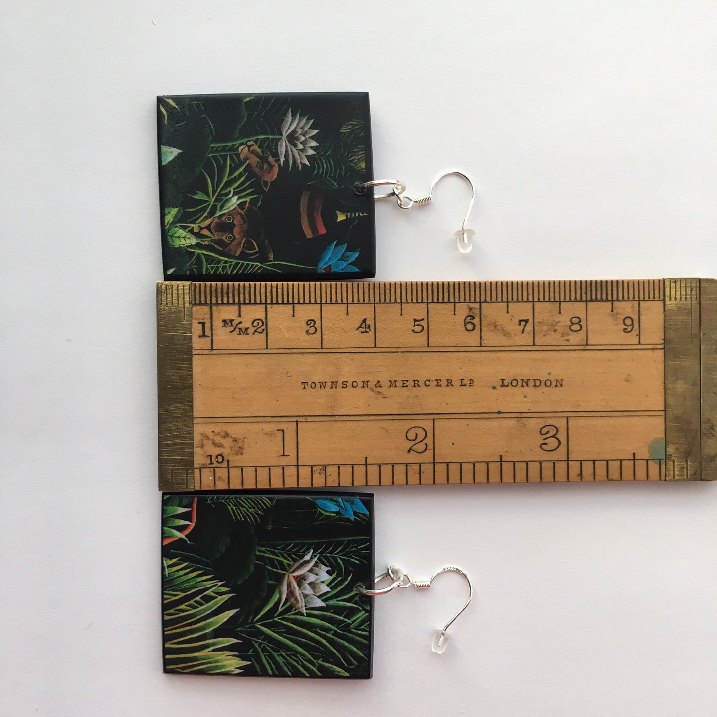 The Dream, Henry Rousseau fantasy forest art, wood, silver hooks earrings. Friend gift.