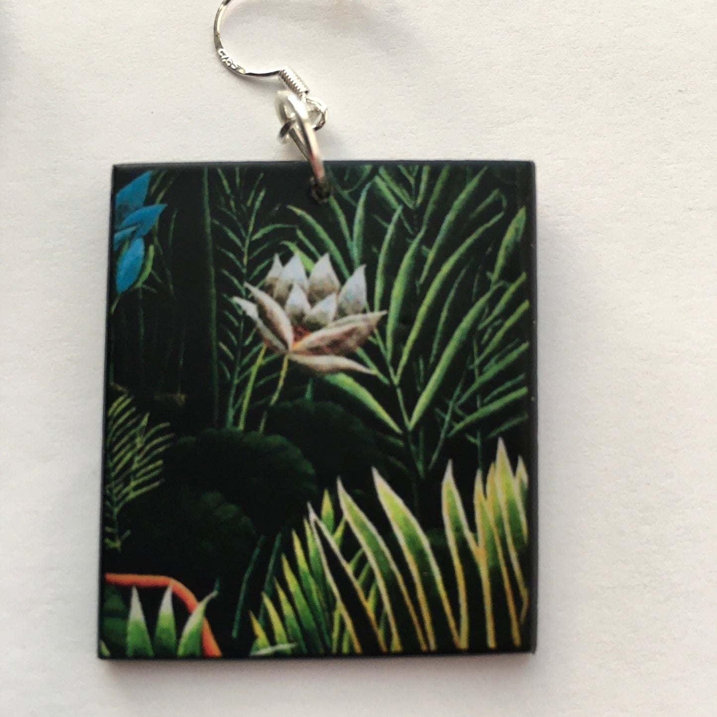 The Dream, Henry Rousseau fantasy forest art, wood, silver hooks earrings. Friend gift.