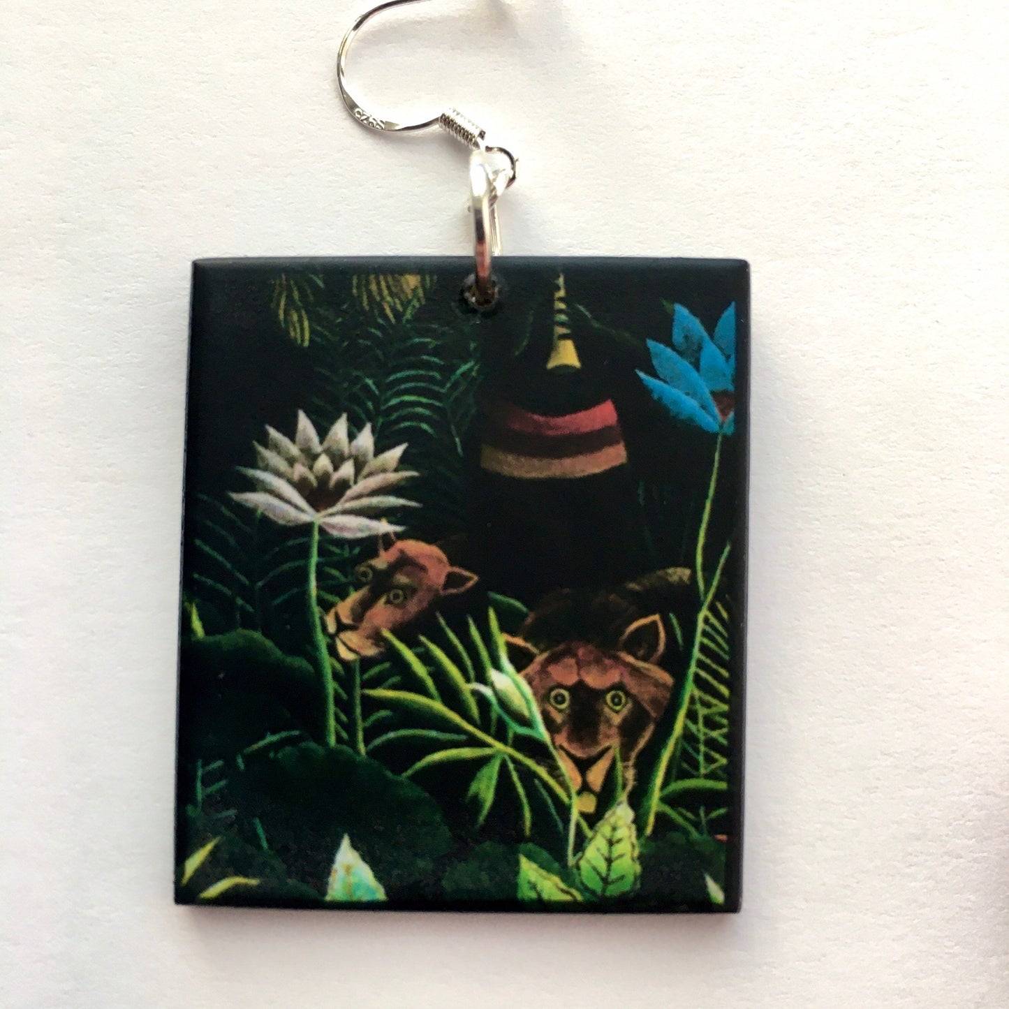 The Dream, Henry Rousseau fantasy forest art, wood, silver hooks earrings. Friend gift.