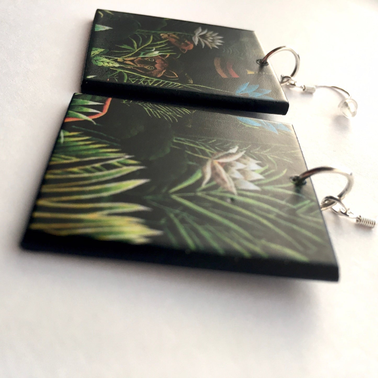 The Dream, Henry Rousseau fantasy forest art, wood, silver hooks earrings. Friend gift.