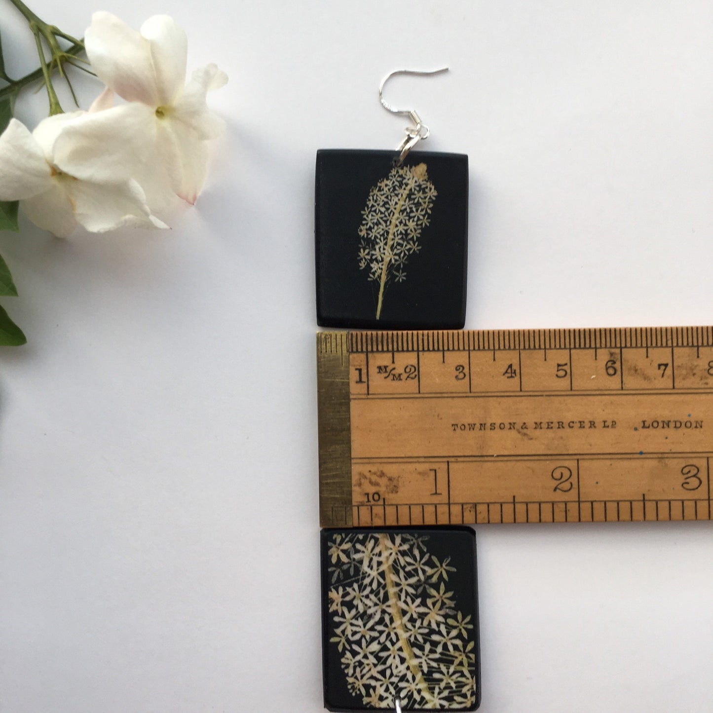 Mary Delany, art earrings on wood and sterling silver hooks. Alternative,white floral, bride earrings, bridesmaid gift.