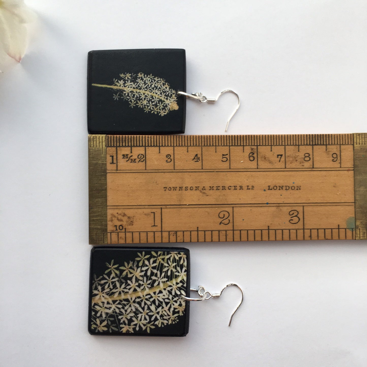 Mary Delany, art earrings on wood and sterling silver hooks. Alternative,white floral, bride earrings, bridesmaid gift.