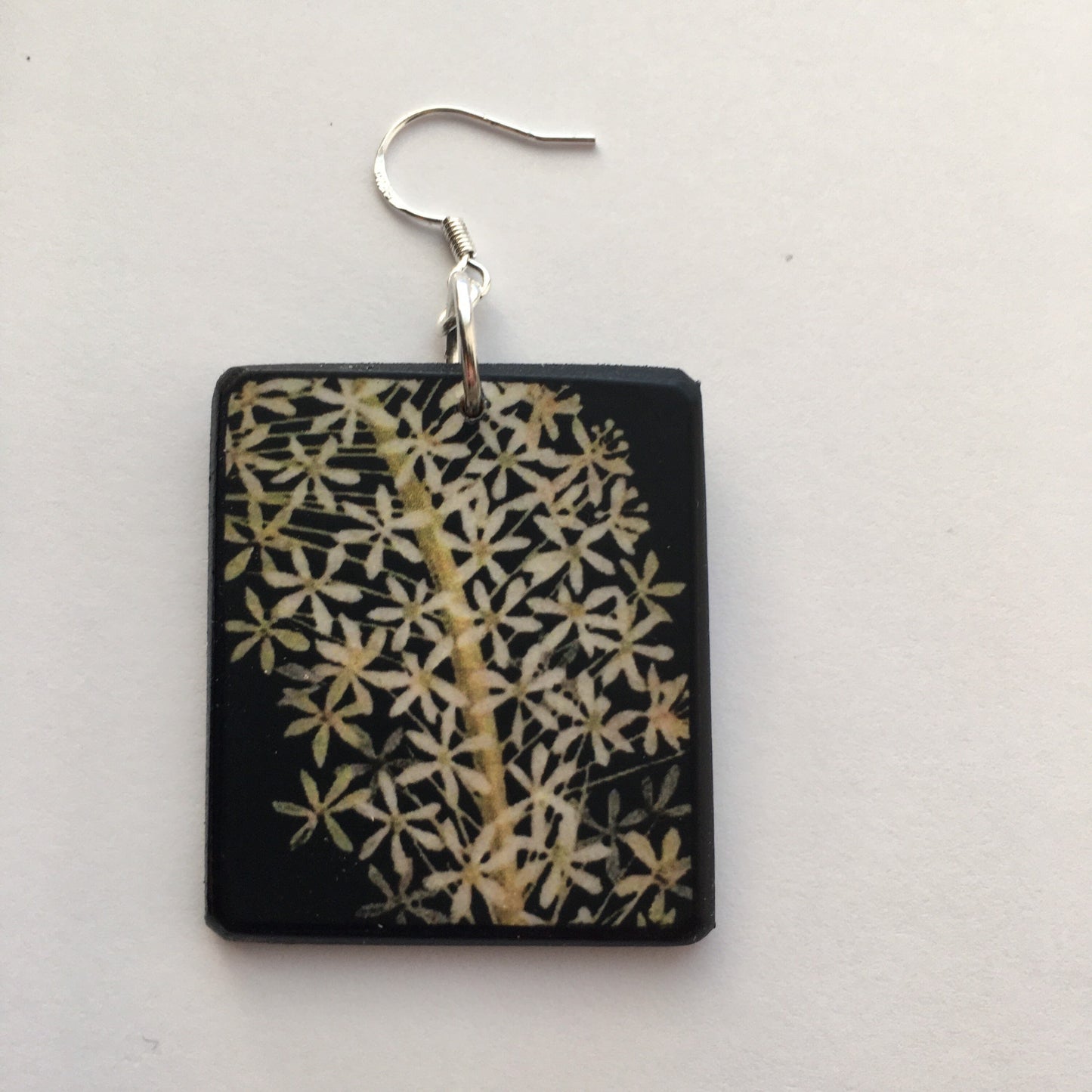Mary Delany, art earrings on wood and sterling silver hooks. Alternative,white floral, bride earrings, bridesmaid gift.