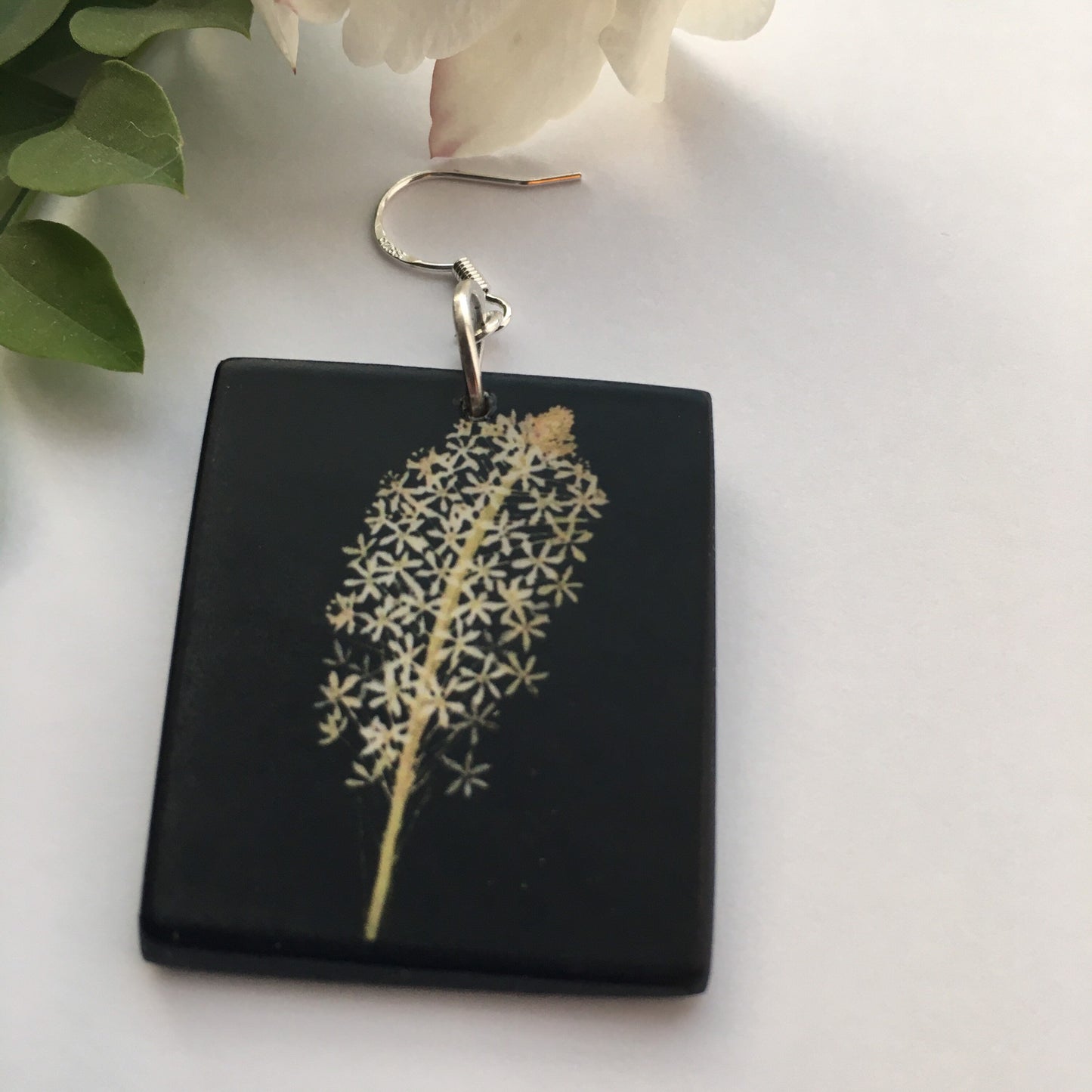 Mary Delany, art earrings on wood and sterling silver hooks. Alternative,white floral, bride earrings, bridesmaid gift.