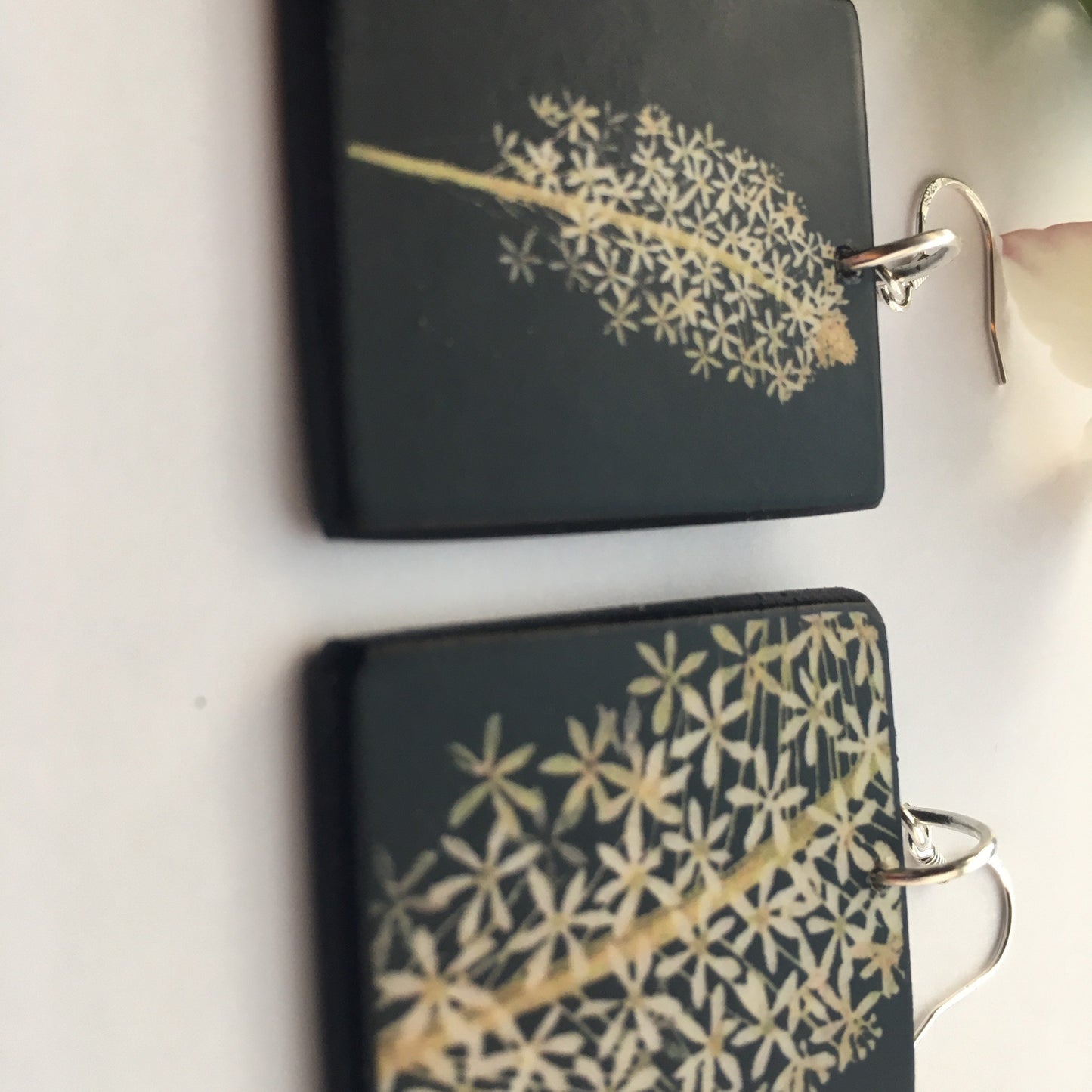 Mary Delany, art earrings on wood and sterling silver hooks. Alternative,white floral, bride earrings, bridesmaid gift.