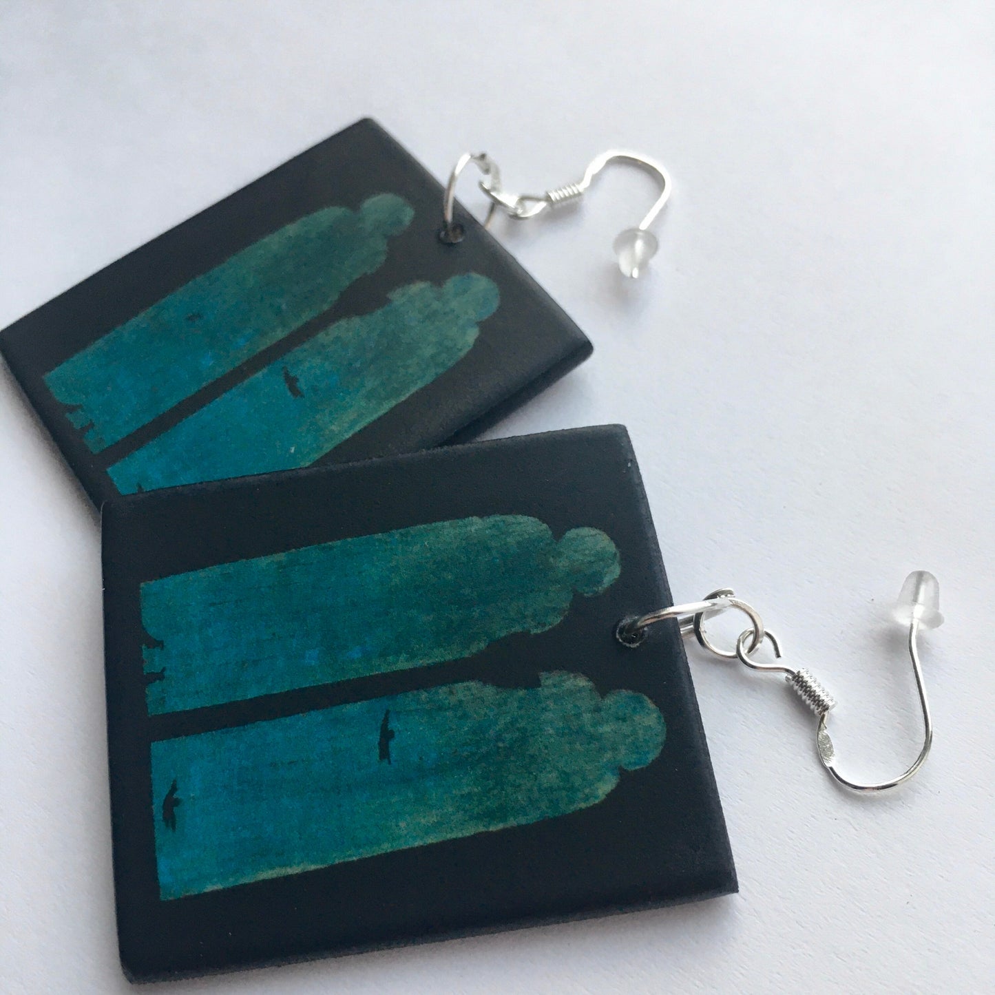 Antonello da Messina art details of window, blue and black art earrings on sustainable wood. handmade by Obljewellery.