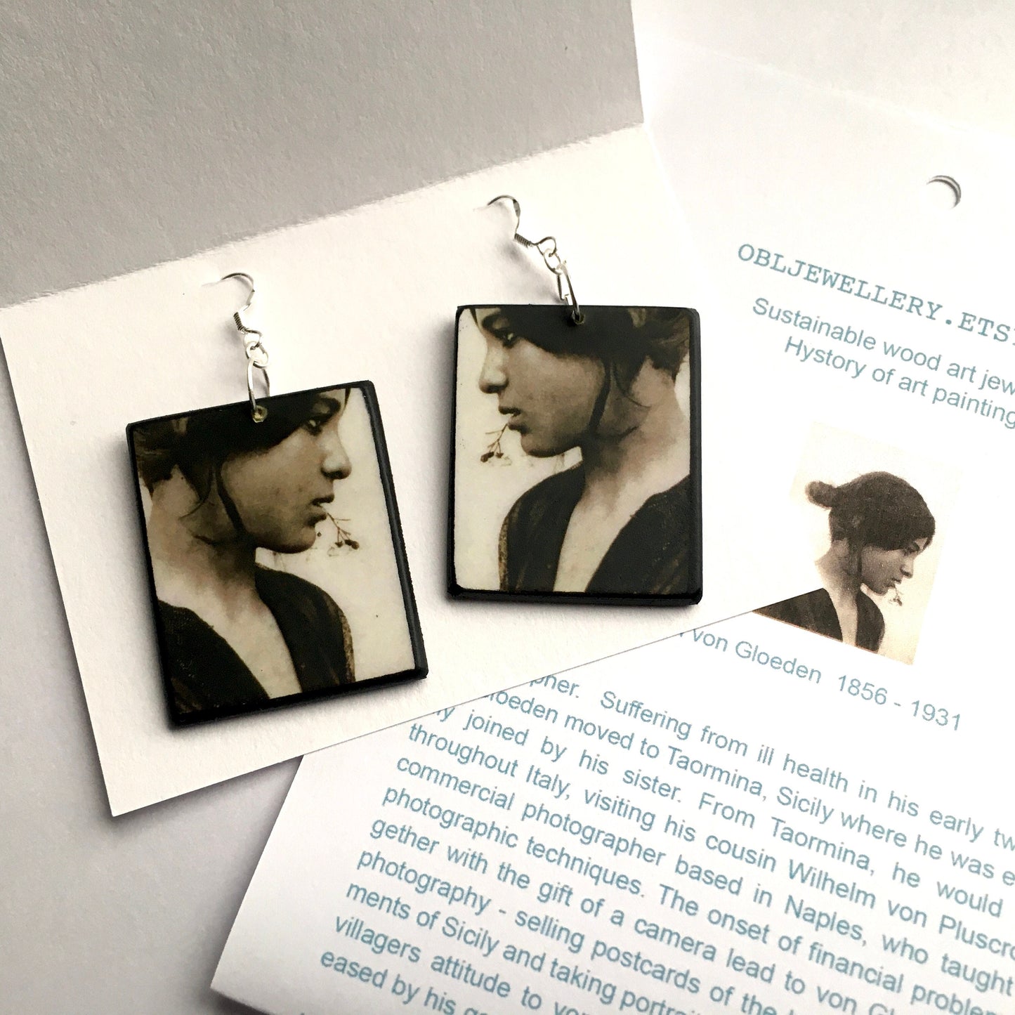 Museum-Inspired Sustainable Earrings Symmetrical mismatched Art Earrings, Wood and real silver hooks. Inspired by Wilhelm von Gloeden. Obljewellery