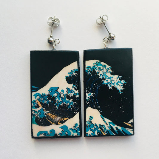 Summer earrings, sustainable fashion. Hokusai, The Great Wave, wooden art earrings, summer gift.