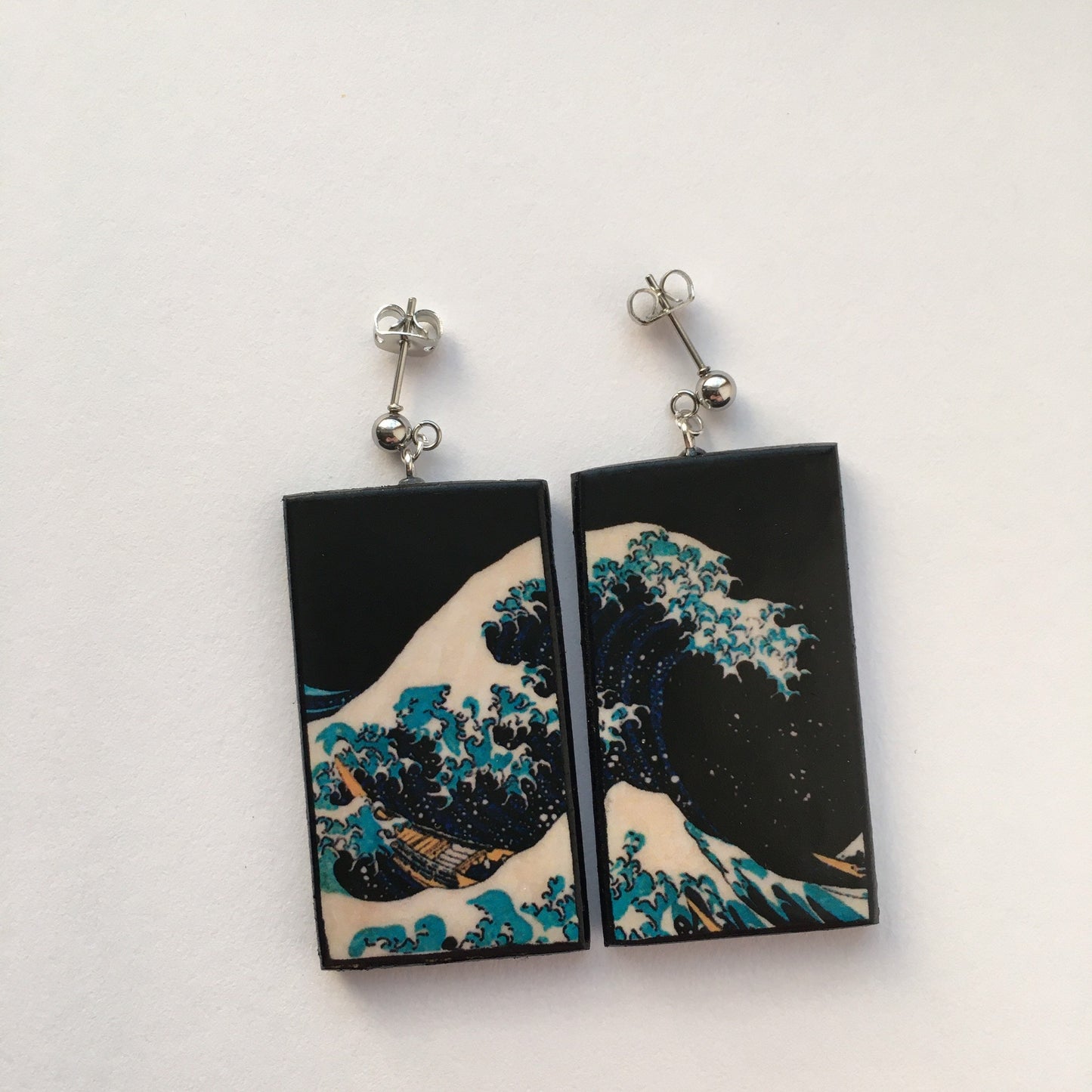 Summer earrings, sustainable fashion. Hokusai, The Great Wave, wooden art earrings, summer gift.