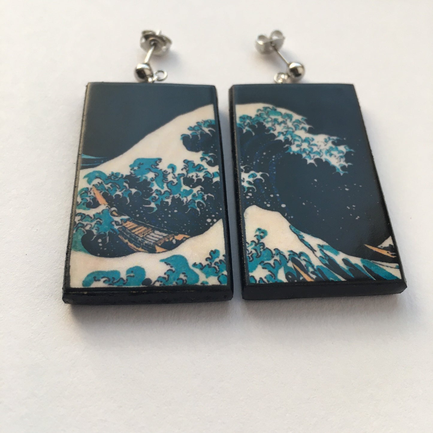 Summer earrings, sustainable fashion. Hokusai, The Great Wave, wooden art earrings, summer gift.