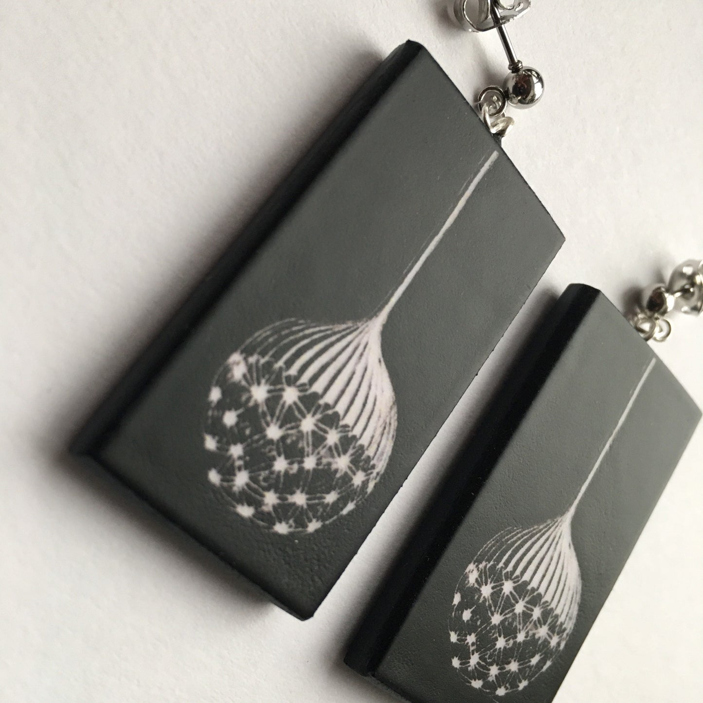 Earrings on wood inspired by Ernst Haeckel illustration
