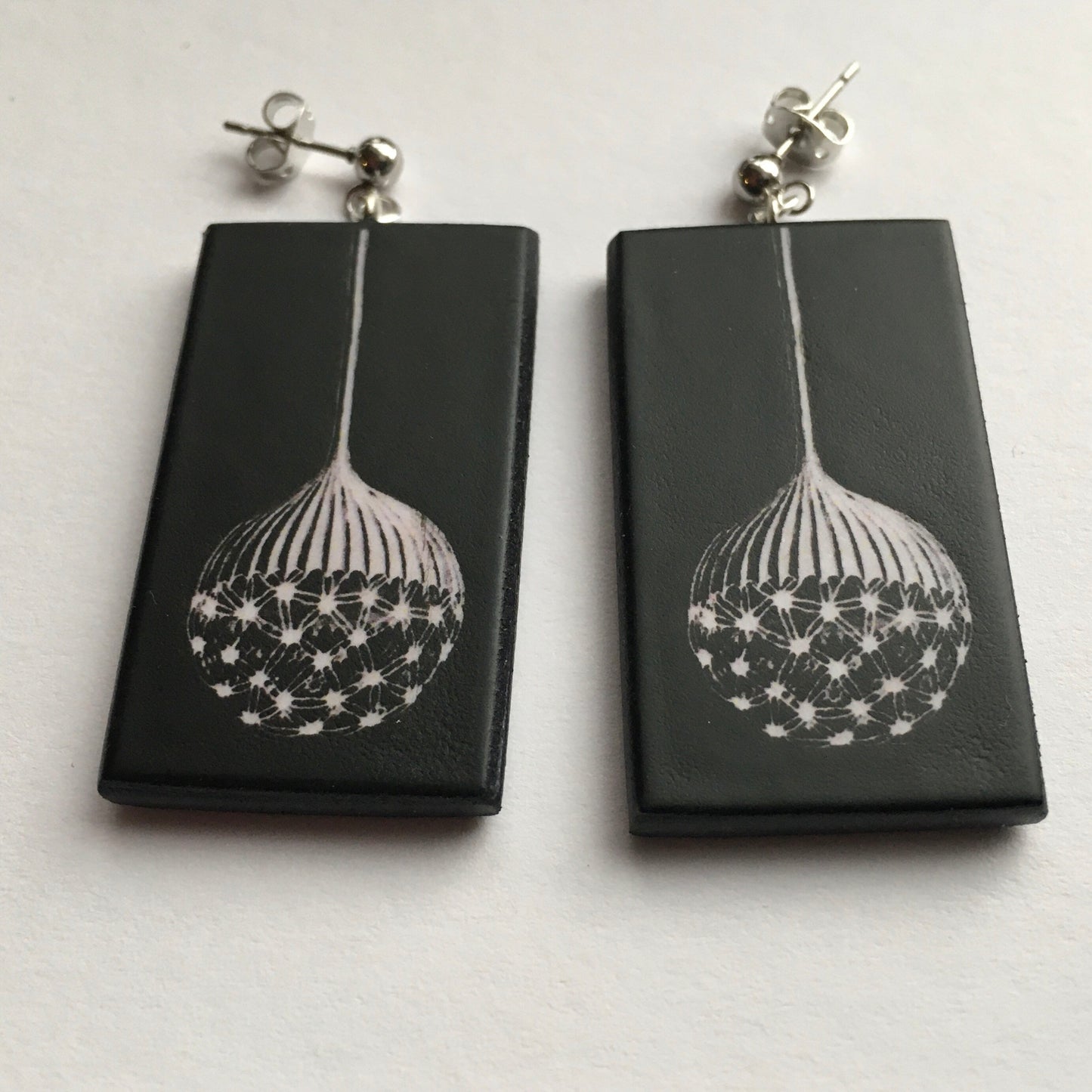 Black and white silver stud earrings on wood inspired by Ernst Haeckel scientific illustration Mycetozoa from Art Forms in Nature.