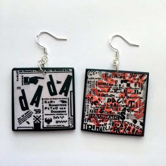 Art earrings on sustainable wood and sterling silver hooks, lightweight earrings. These earrings with Dadaism art print by artist Theo van Doesburg are unique and unusual gift for art lovers.
