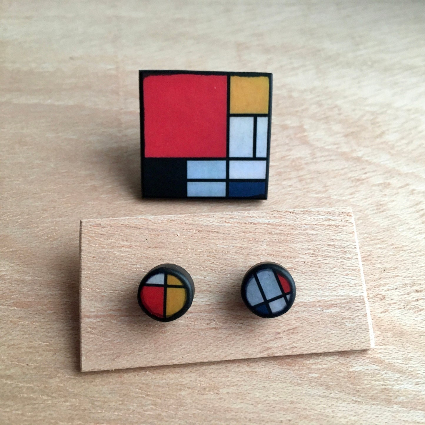Mondrian wooden jewellery set, silver stud earrings, big square ring. Long distance gift.