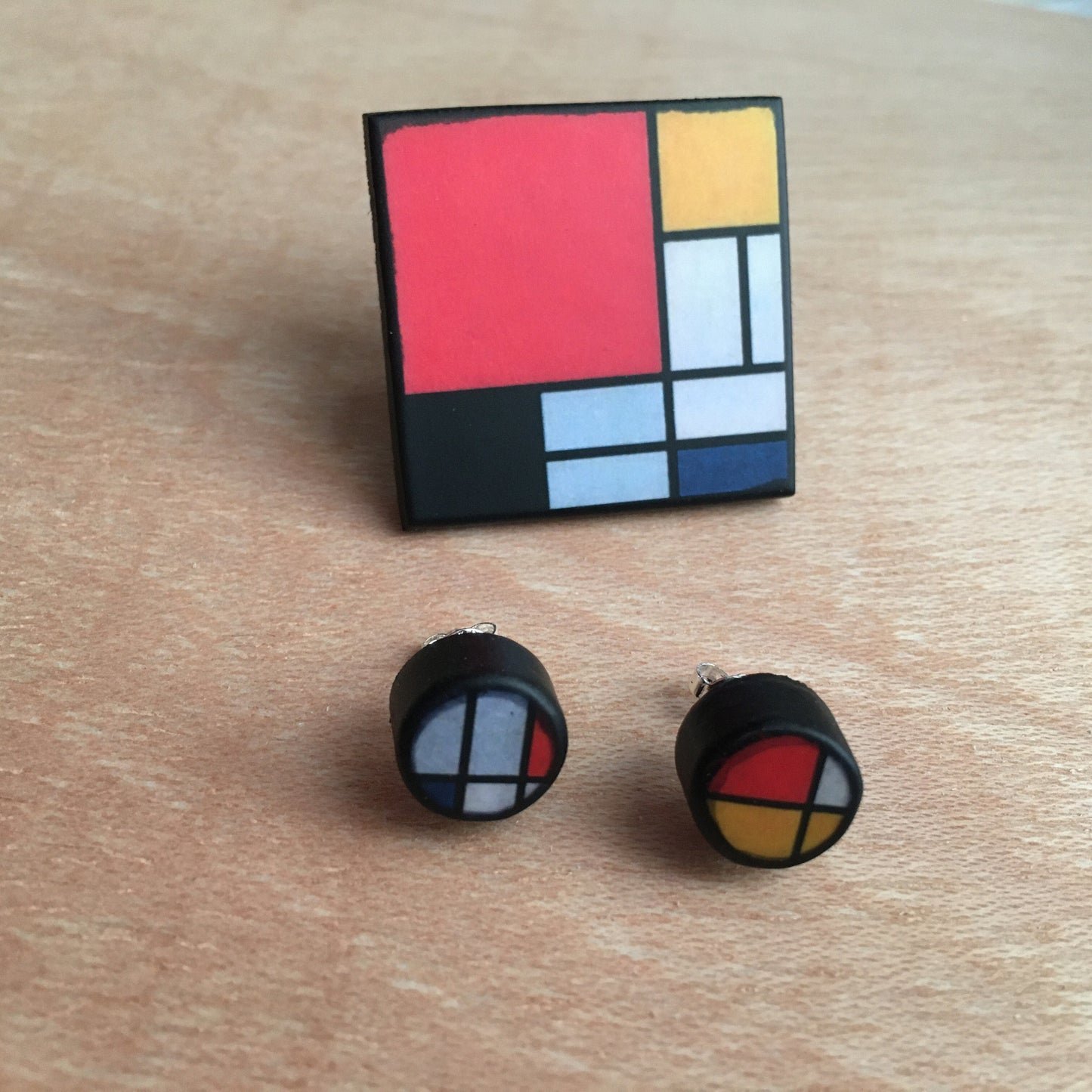 Mondrian wooden jewellery set, silver stud earrings, big square ring. Long distance gift.