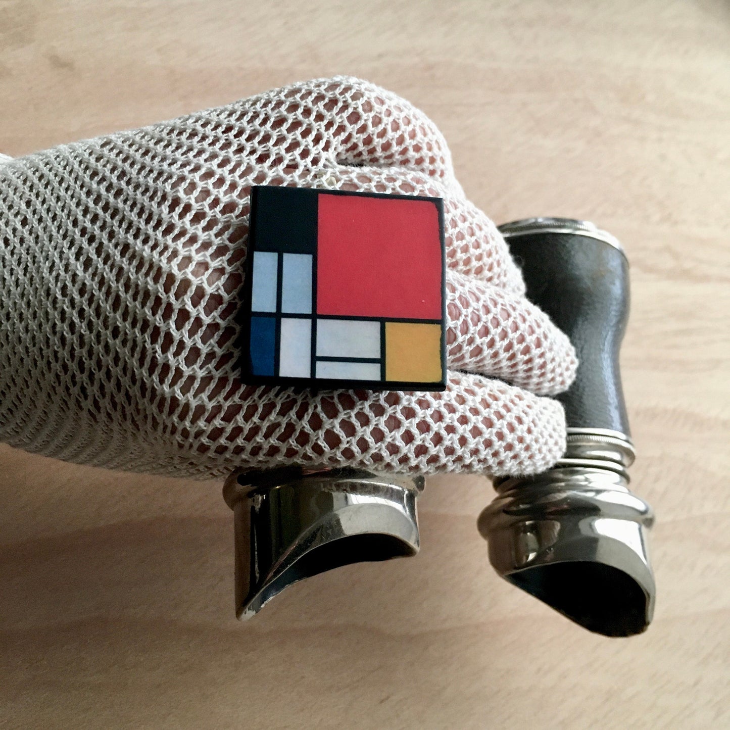 Mondrian wooden jewellery set, silver stud earrings, big square ring. Long distance gift.