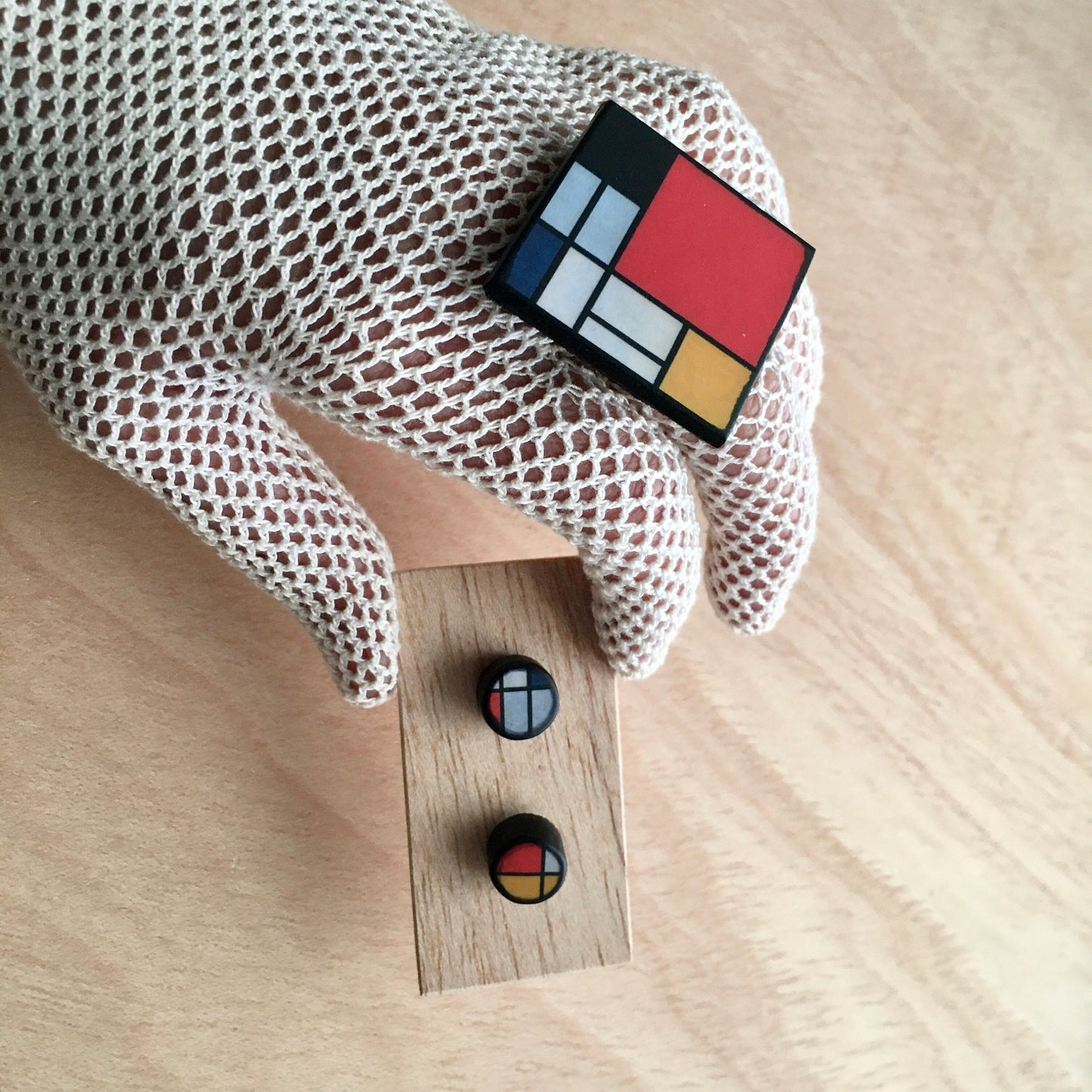 Mondrian wooden jewellery set, silver stud earrings, big square ring. Long distance gift.