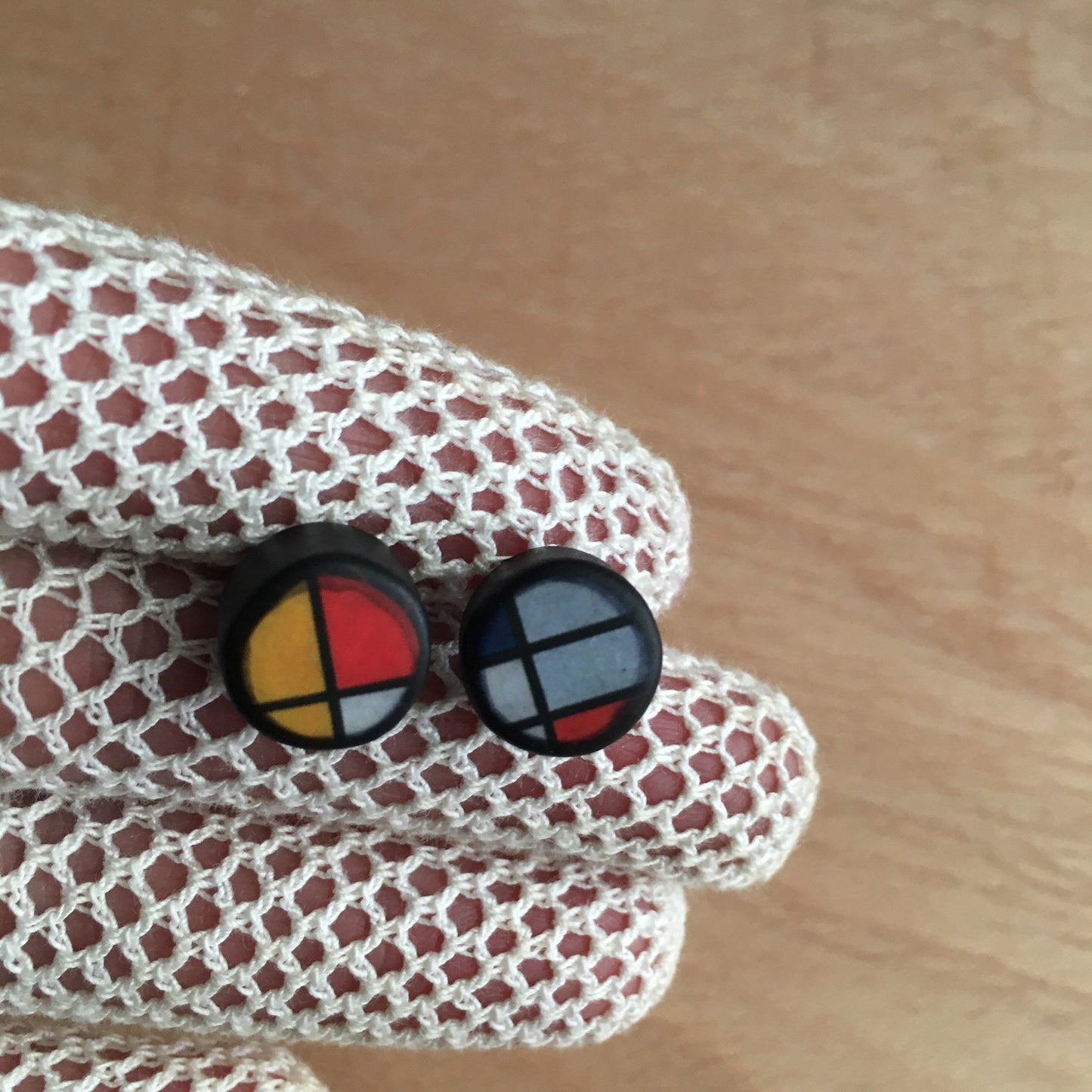 Mondrian wooden jewellery set, silver stud earrings, big square ring. Long distance gift.
