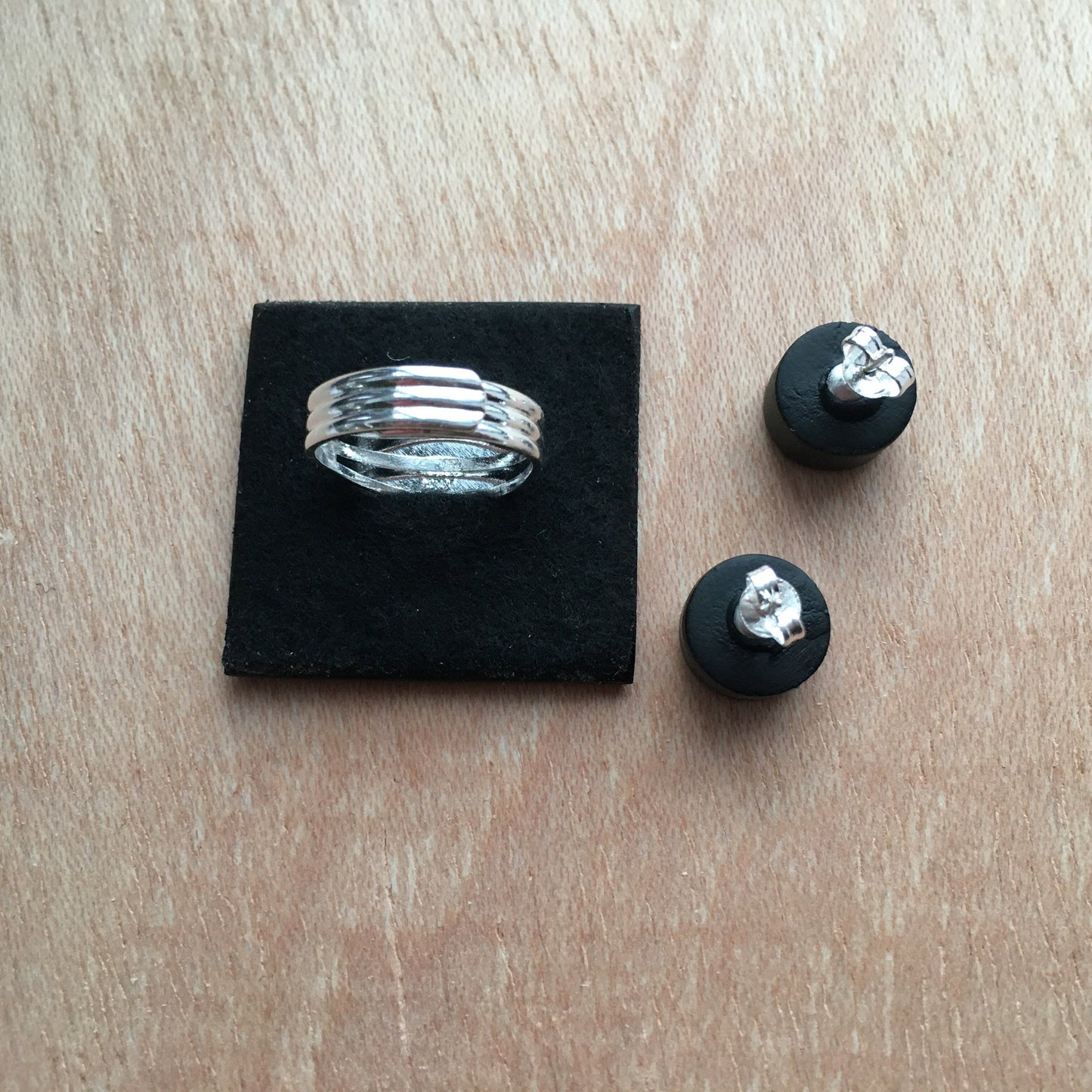 Mondrian wooden jewellery set, silver stud earrings, big square ring. Long distance gift.