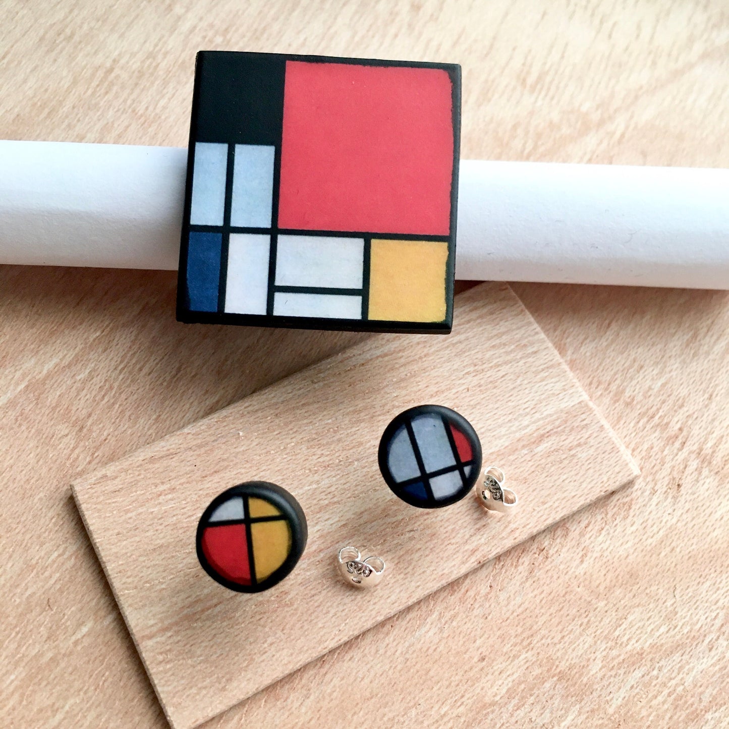 Mondrian wooden jewellery set, silver stud earrings, big square ring. Long distance gift.