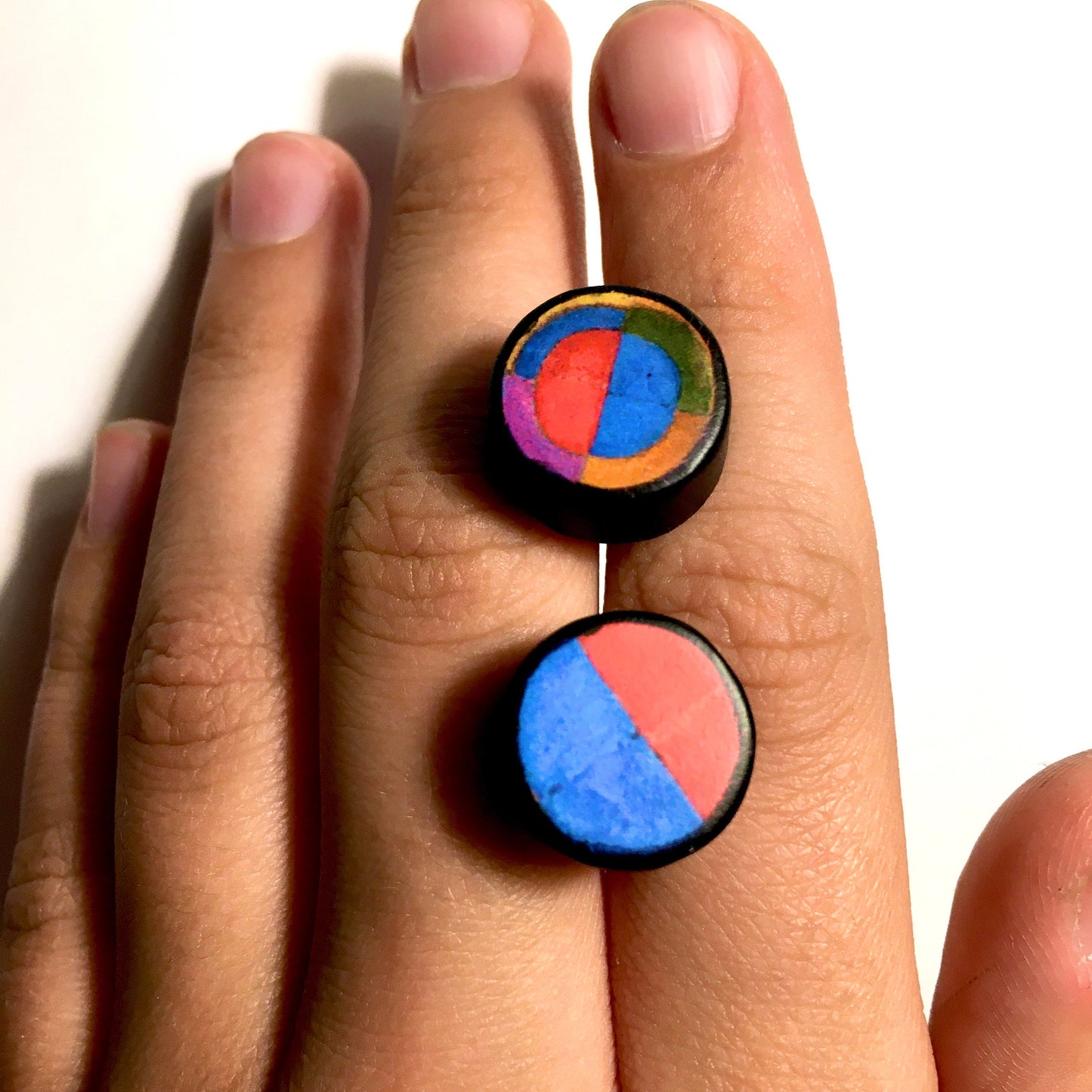 Robert Delaunay art earrings. Sustainable wood, sterling silver stud earrings. Teen girl gift.
