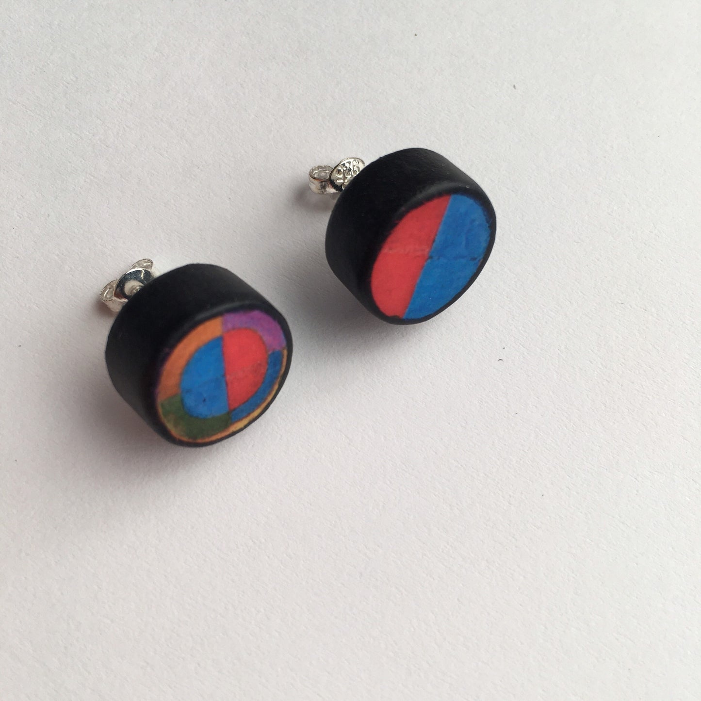 Robert Delaunay art earrings. Sustainable wood, sterling silver stud earrings. Teen girl gift.