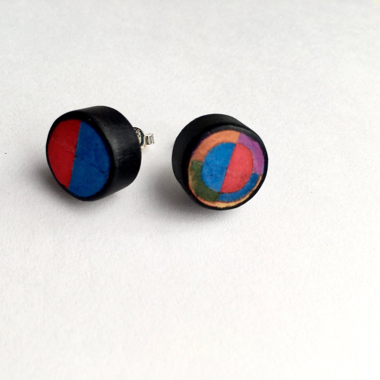Robert Delaunay art earrings. Sustainable wood, sterling silver stud earrings. Teen girl gift.